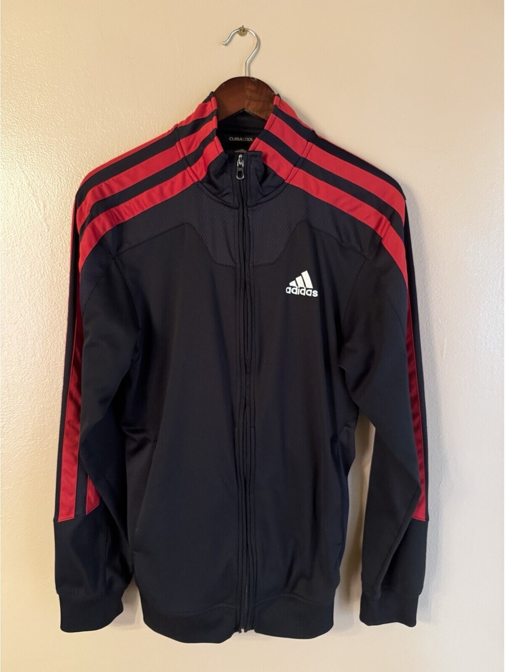 Adidas Track Jacket 3 Stripe Full Zip Mock Neck Climacool Black/Red Men’s S